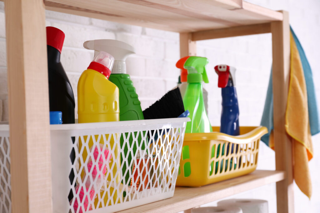 cleaning supplies on a shelf