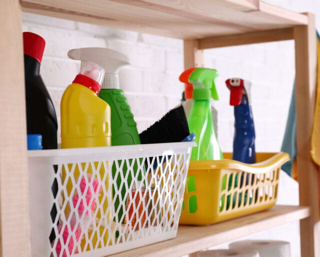 cleaning supplies on a shelf